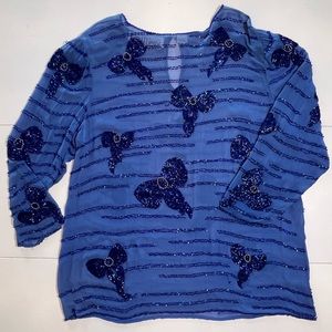 Le Mieux Silk Beaded Ribbon Blue Blouse XL